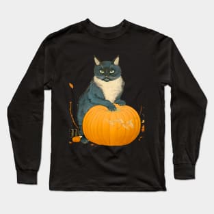 Japanese Cat on a Halloween Pumpkin During the Halloween Season on a dark (knocked out) background Long Sleeve T-Shirt